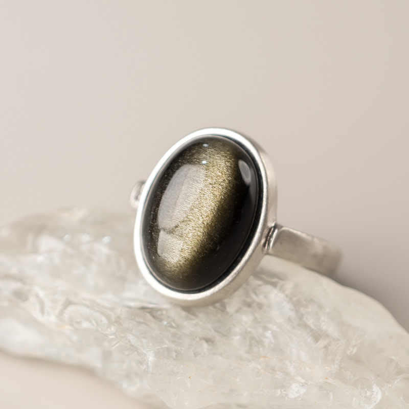 Anello regolabile con Buddha Stones in argento sterling 925 naturale con ossidiana e lucentezza dorata