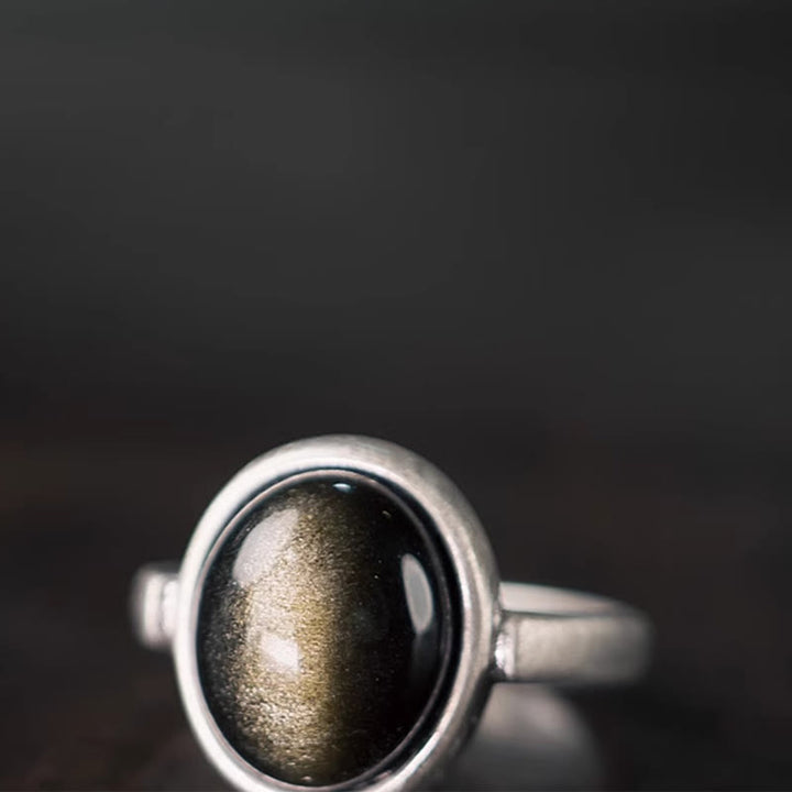 Anello regolabile con Buddha Stones in argento sterling 925 naturale con ossidiana e lucentezza dorata