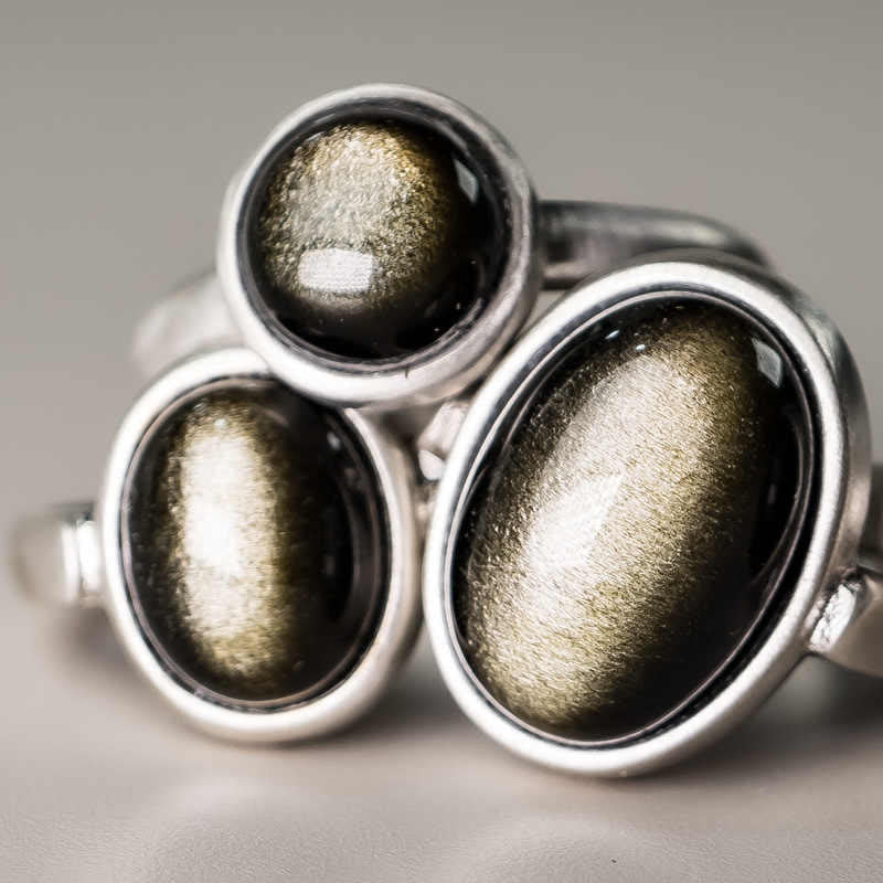 Anello regolabile con Buddha Stones in argento sterling 925 naturale con ossidiana e lucentezza dorata