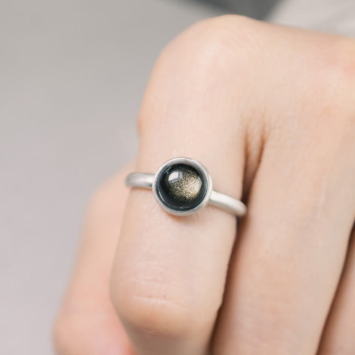 Anello regolabile con Buddha Stones in argento sterling 925 naturale con ossidiana e lucentezza dorata