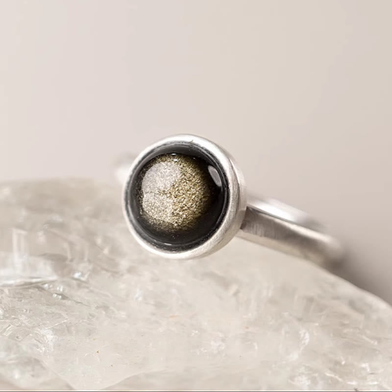 Anello regolabile con Buddha Stones in argento sterling 925 naturale con ossidiana e lucentezza dorata