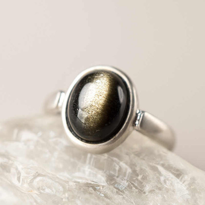 Anello regolabile con Buddha Stones in argento sterling 925 naturale con ossidiana e lucentezza dorata - Stile B (circa 14*12 mm) - image 0