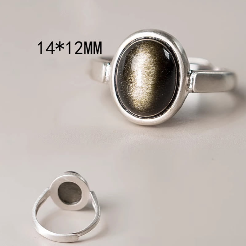 Anello regolabile con Buddha Stones in argento sterling 925 naturale con ossidiana e lucentezza dorata