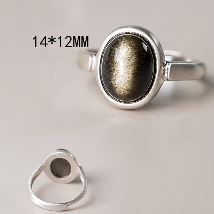 Anello regolabile con Buddha Stones in argento sterling 925 naturale con ossidiana e lucentezza dorata