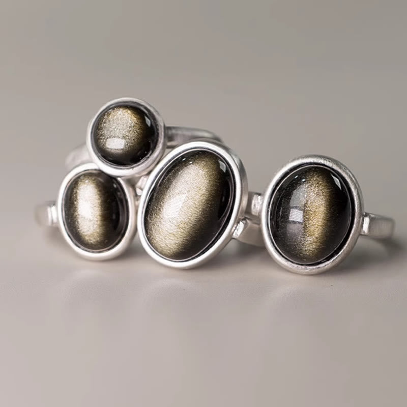 Anello regolabile con Buddha Stones in argento sterling 925 naturale con ossidiana e lucentezza dorata