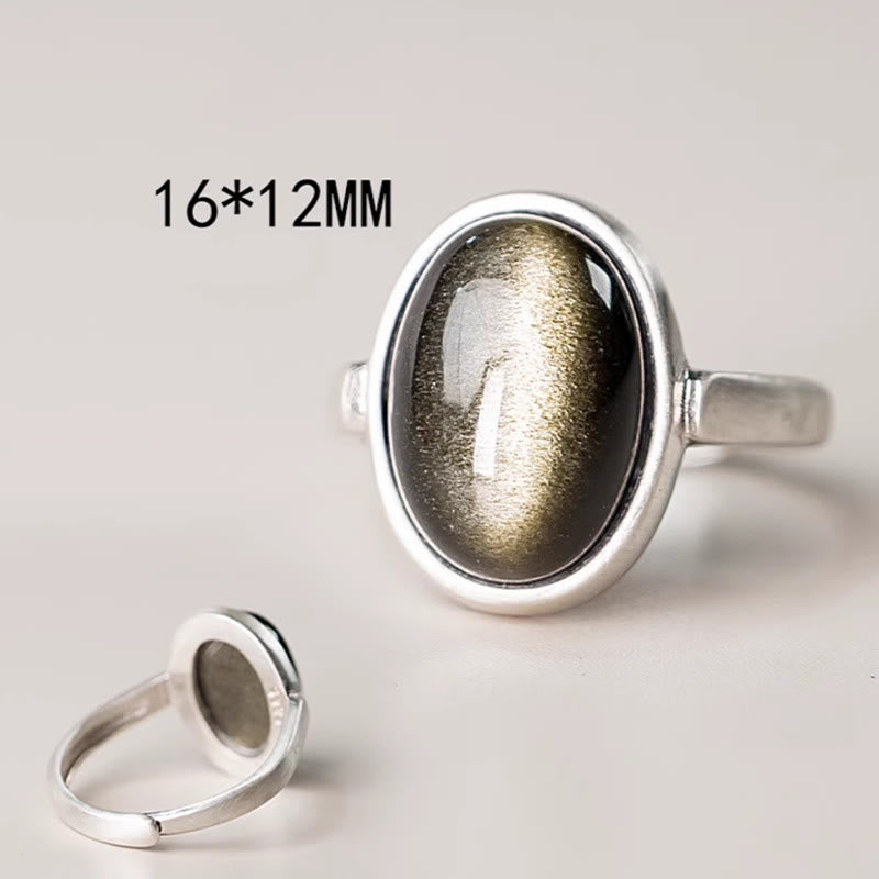 Anello regolabile con Buddha Stones in argento sterling 925 naturale con ossidiana e lucentezza dorata