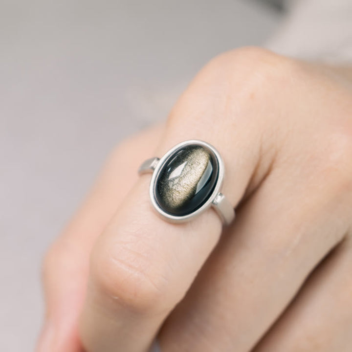 Anello regolabile con Buddha Stones in argento sterling 925 naturale con ossidiana e lucentezza dorata