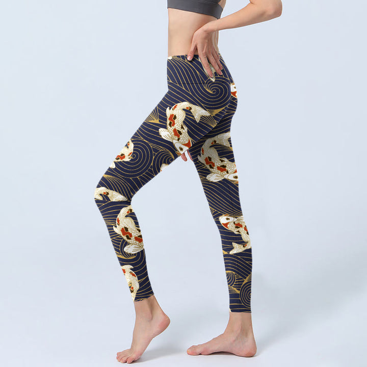 Leggings da palestra con stampa di Buddha Stones, pesce koi rosso bianco e onde dell'oceano, pantaloni da yoga da donna - image 3