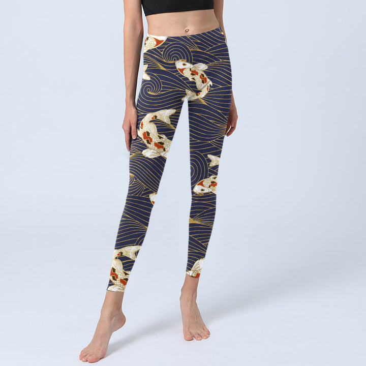 Leggings da palestra con stampa di Buddha Stones, pesce koi rosso bianco e onde dell'oceano, pantaloni da yoga da donna - image 1
