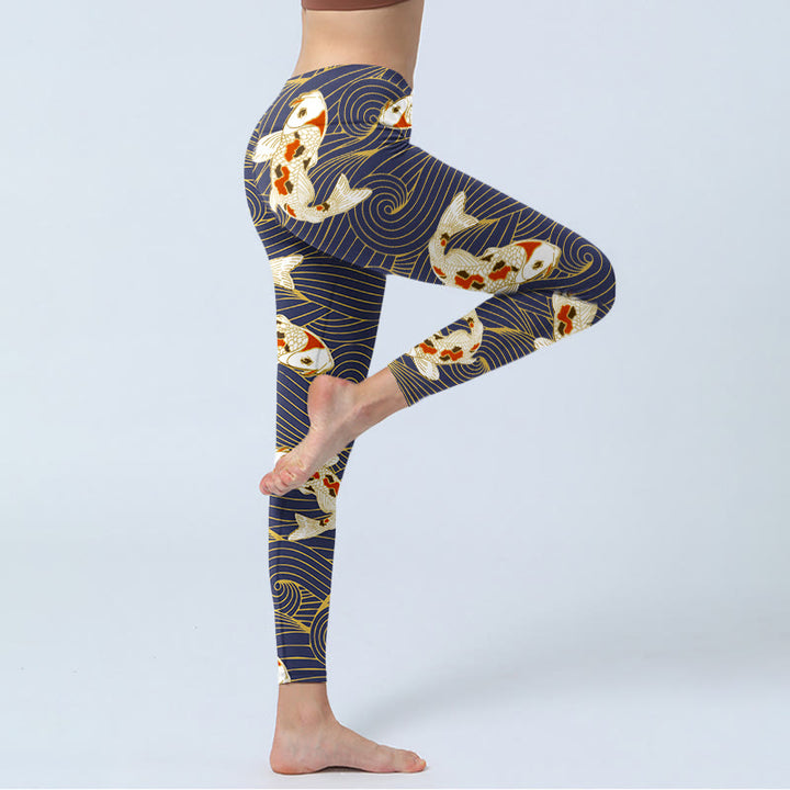 Leggings da palestra con stampa di Buddha Stones, pesce koi rosso bianco e onde dell'oceano, pantaloni da yoga da donna - image 4