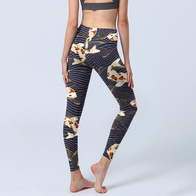 Leggings da palestra con stampa di Buddha Stones, pesce koi rosso bianco e onde dell'oceano, pantaloni da yoga da donna - image 4