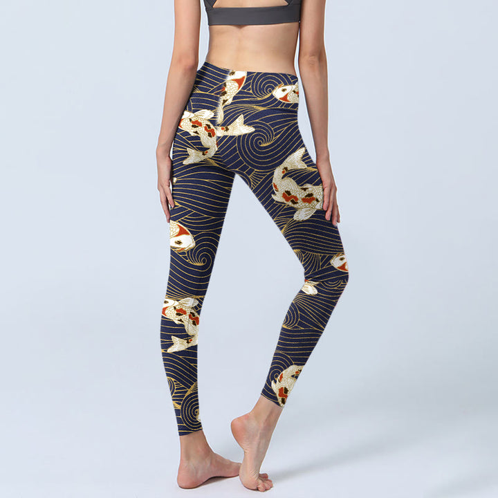 Leggings da palestra con stampa di Buddha Stones, pesce koi rosso bianco e onde dell'oceano, pantaloni da yoga da donna - image 4