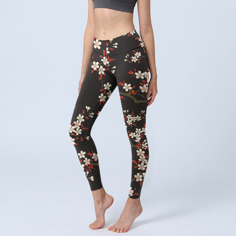 Leggings da palestra con stampa Buddha Stones, fiori di ciliegio bianchi e foglie rosse, pantaloni da yoga da donna - Nero - US18, UK/AU22, EU50 (4XL) - image 1