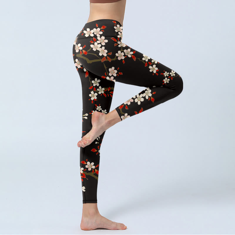 Leggings da palestra con stampa Buddha Stones, fiori di ciliegio bianchi e foglie rosse, pantaloni da yoga da donna - image 3