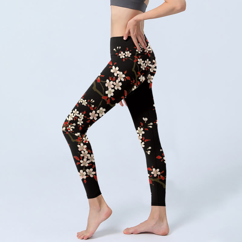 Leggings da palestra con stampa Buddha Stones, fiori di ciliegio bianchi e foglie rosse, pantaloni da yoga da donna - image 2
