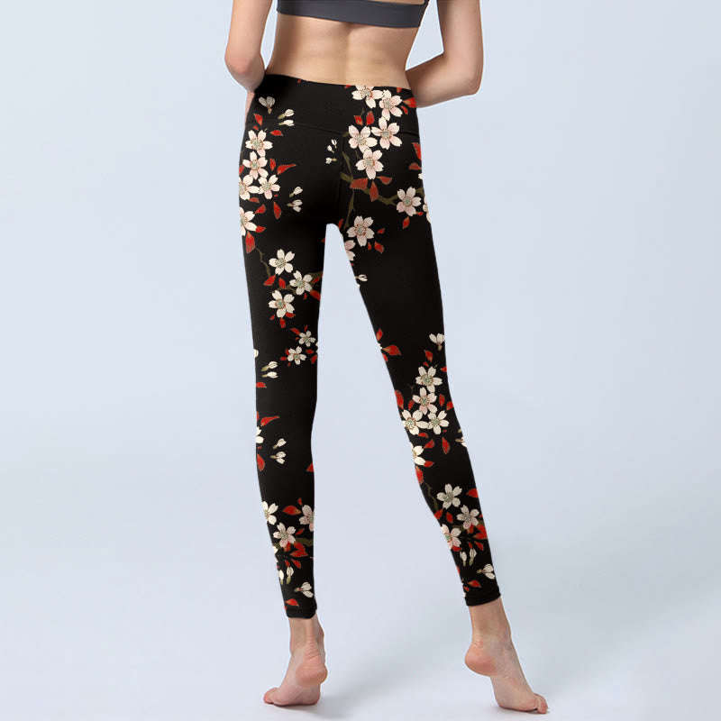 Leggings da palestra con stampa Buddha Stones, fiori di ciliegio bianchi e foglie rosse, pantaloni da yoga da donna - image 6