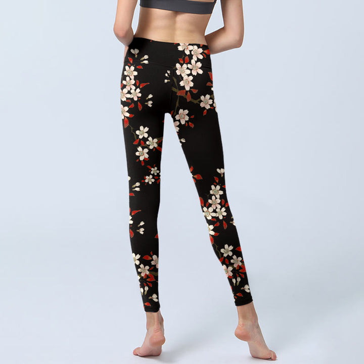 Leggings da palestra con stampa Buddha Stones, fiori di ciliegio bianchi e foglie rosse, pantaloni da yoga da donna - image 6
