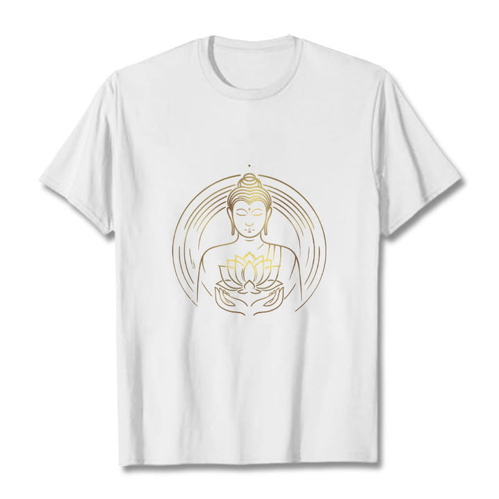 Maglietta Buddha Stones Buddha dorato che tiene in mano un fiore di loto - Bianco - 2XL - image 0