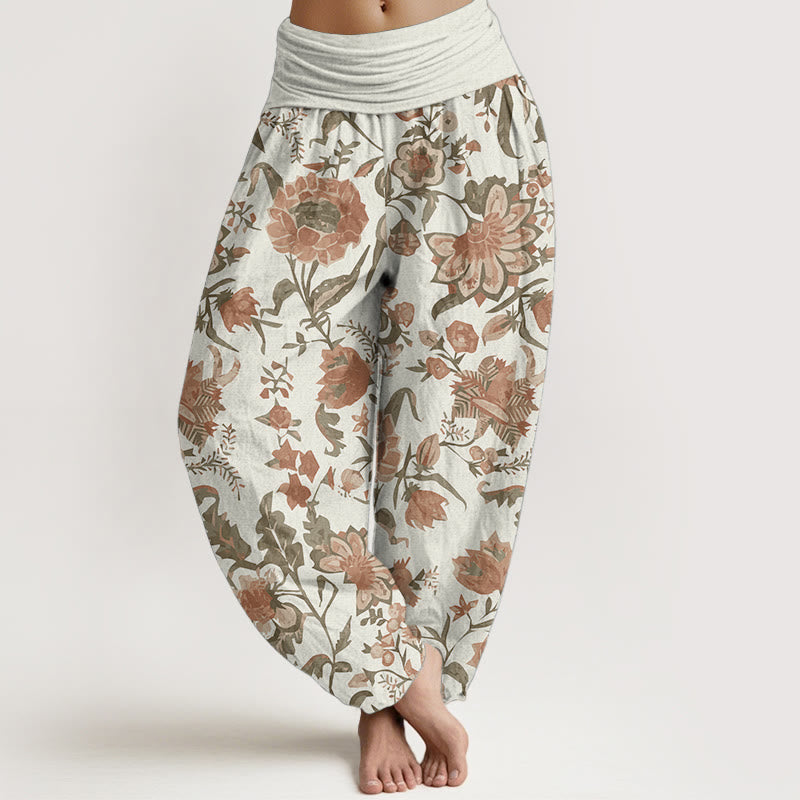 Pantaloni harem da donna con elastico in vita e motivo a girasole in puro cotone con Buddha Stones - Biscotto - US22, UK/AU26, EU54 (6XL) - image 0