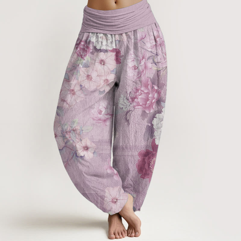 Pantaloni harem da donna in puro cotone con elastico in vita e motivo a peonie, stile casual, motivo Buddha Stones