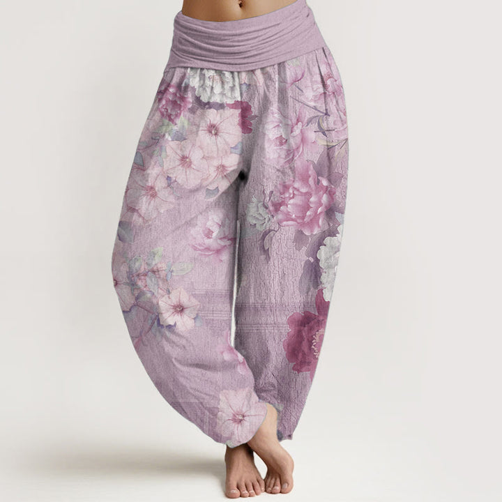 Pantaloni harem da donna in puro cotone con elastico in vita e motivo a peonie, stile casual, motivo Buddha Stones