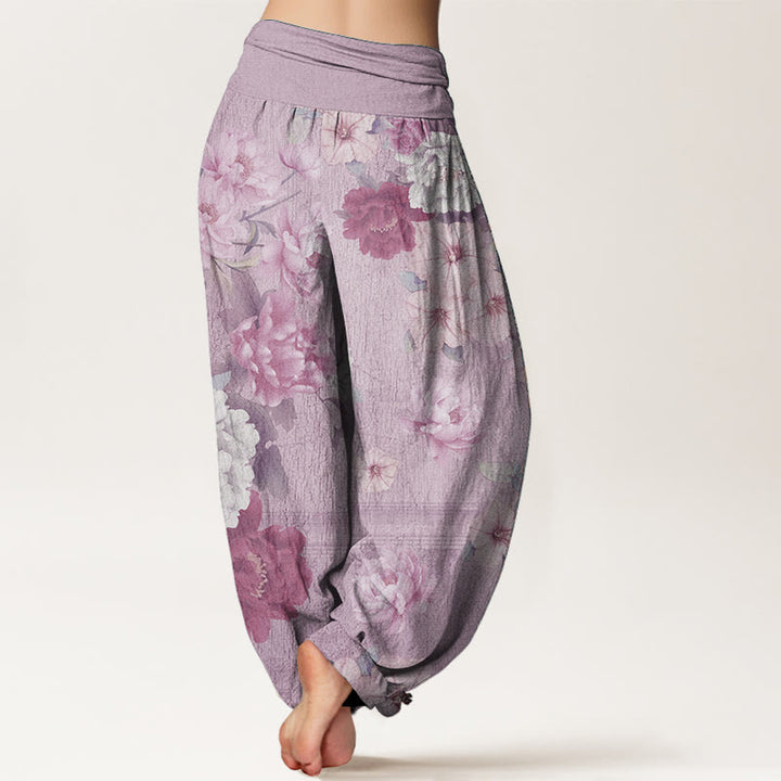 Pantaloni harem da donna in puro cotone con elastico in vita e motivo a peonie, stile casual, motivo Buddha Stones