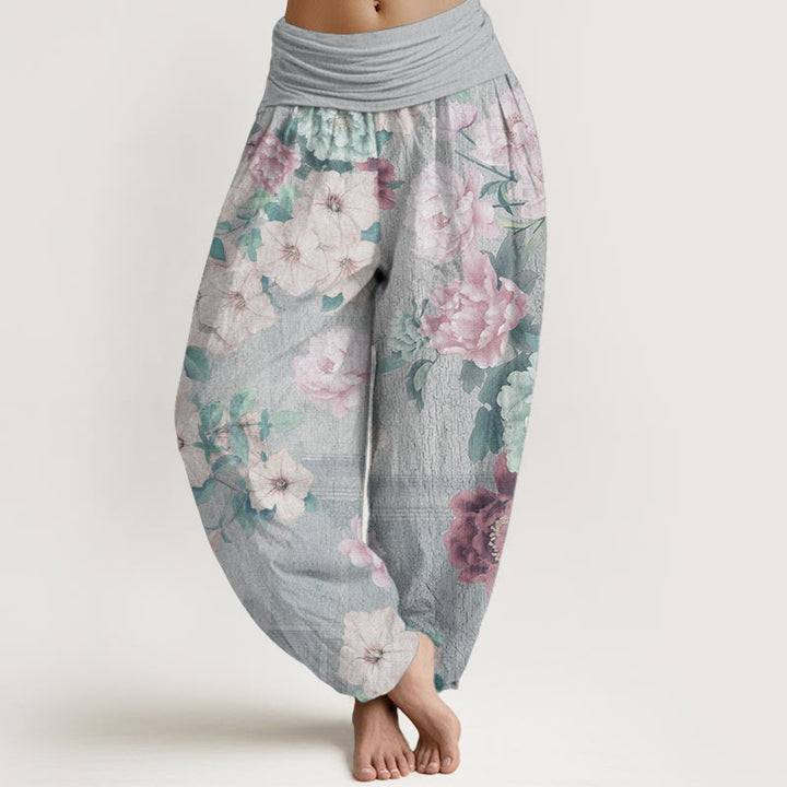 Pantaloni harem da donna in puro cotone con elastico in vita e motivo a peonie, stile casual, motivo Buddha Stones