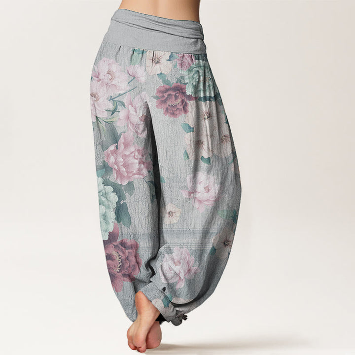 Pantaloni harem da donna in puro cotone con elastico in vita e motivo a peonie, stile casual, motivo Buddha Stones