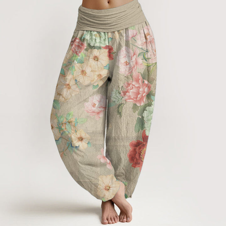 Pantaloni harem da donna in puro cotone con elastico in vita e motivo a peonie, stile casual, motivo Buddha Stones
