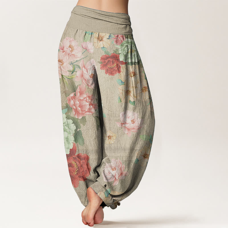 Pantaloni harem da donna in puro cotone con elastico in vita e motivo a peonie, stile casual, motivo Buddha Stones