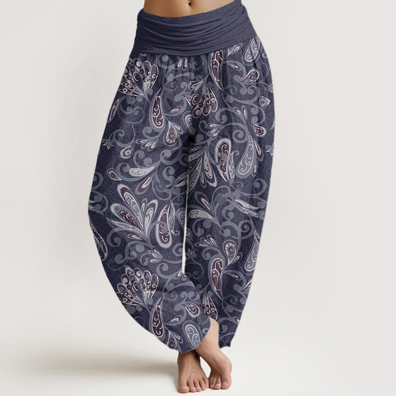 Pantaloni harem da donna in cotone puro con elastico in vita e motivo a petali di fiori, stile casual, motivo Buddha Stones