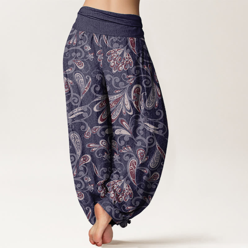Pantaloni harem da donna in cotone puro con elastico in vita e motivo a petali di fiori, stile casual, motivo Buddha Stones