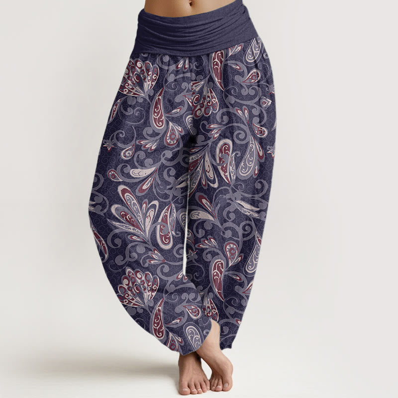 Pantaloni harem da donna in cotone puro con elastico in vita e motivo a petali di fiori, stile casual, motivo Buddha Stones