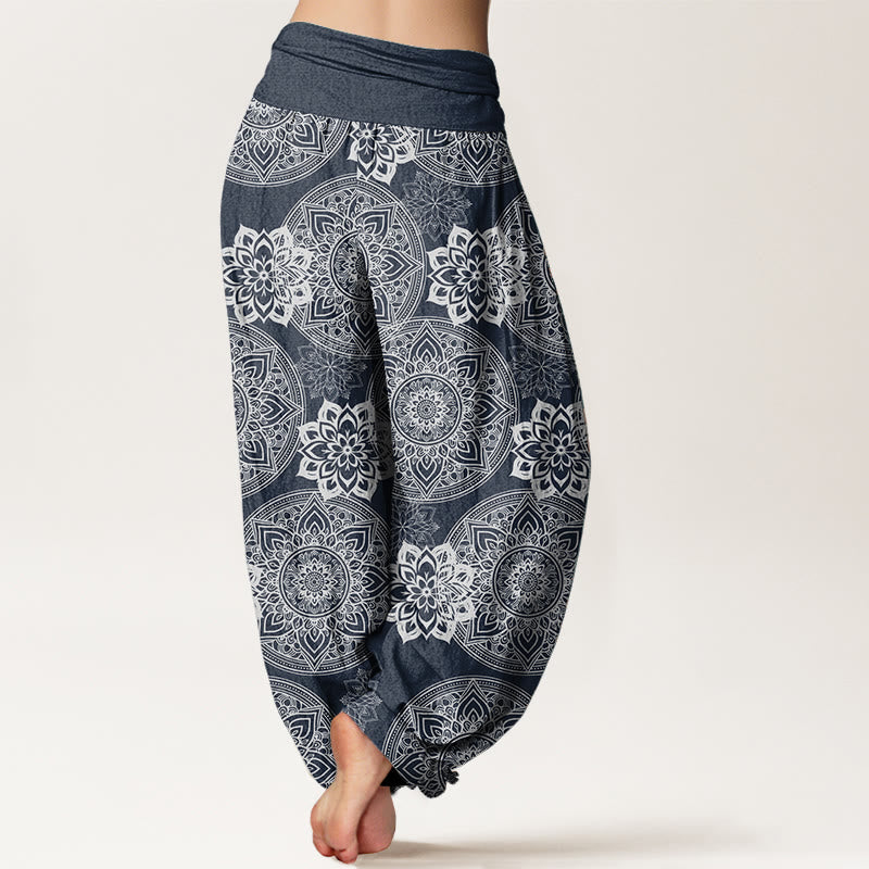 Pantaloni harem da donna con elastico in vita, in puro cotone, casual, rotondi, con motivo mandala floreale, motivo Buddha Stones