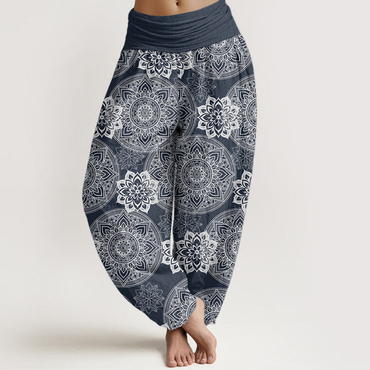 Pantaloni harem da donna con elastico in vita, in puro cotone, casual, rotondi, con motivo mandala floreale, motivo Buddha Stones