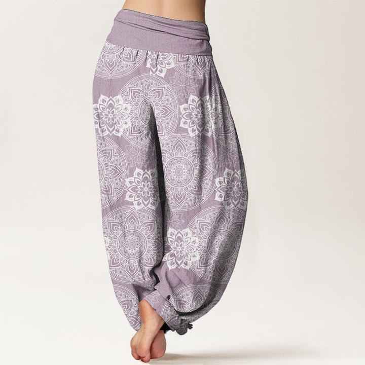 Pantaloni harem da donna con elastico in vita, in puro cotone, casual, rotondi, con motivo mandala floreale, motivo Buddha Stones