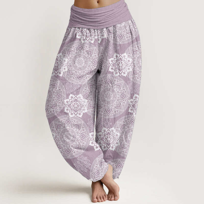 Pantaloni harem da donna con elastico in vita, in puro cotone, casual, rotondi, con motivo mandala floreale, motivo Buddha Stones