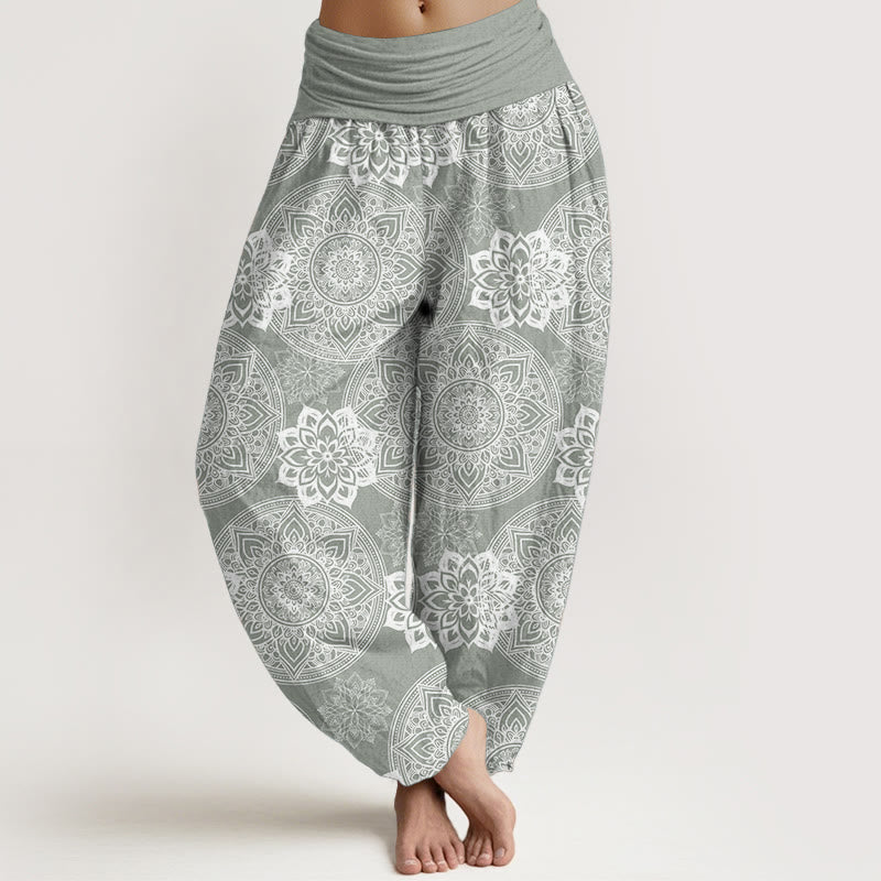 Pantaloni harem da donna con elastico in vita, in puro cotone, casual, rotondi, con motivo mandala floreale, motivo Buddha Stones