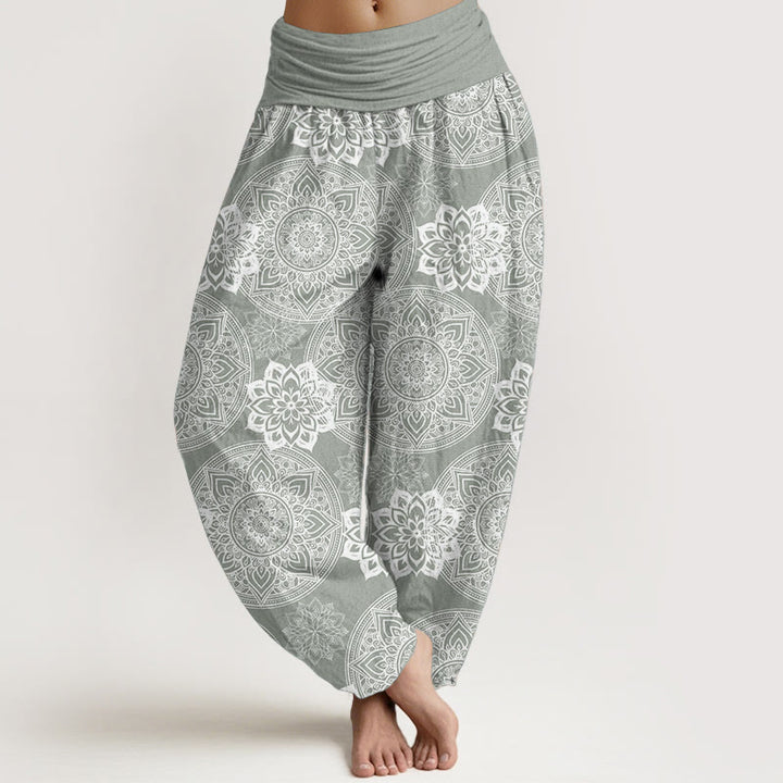 Pantaloni harem da donna con elastico in vita, in puro cotone, casual, rotondi, con motivo mandala floreale, motivo Buddha Stones