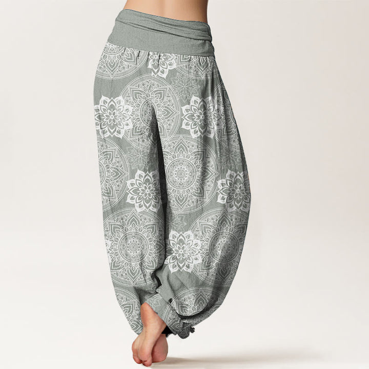 Pantaloni harem da donna con elastico in vita, in puro cotone, casual, rotondi, con motivo mandala floreale, motivo Buddha Stones