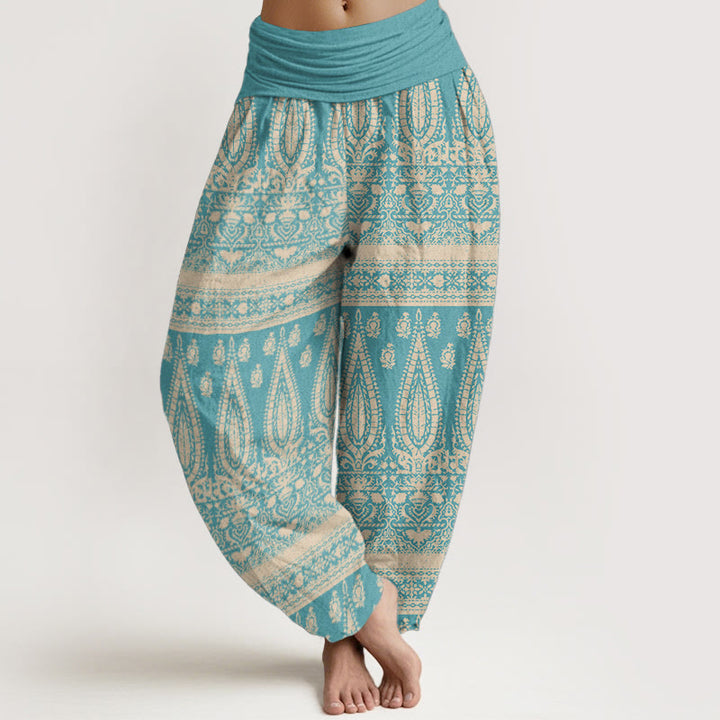 Pantaloni harem da donna in puro cotone con elastico in vita, motivo a strisce di piume, stile casual, motivo Buddha Stones