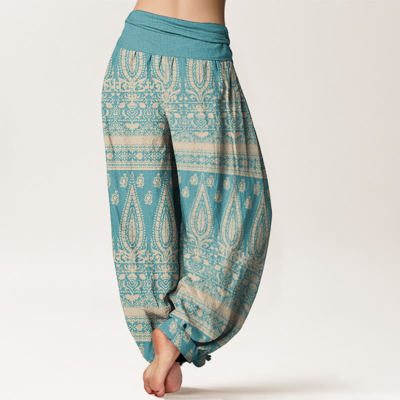 Pantaloni harem da donna in puro cotone con elastico in vita, motivo a strisce di piume, stile casual, motivo Buddha Stones
