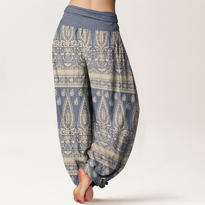 Pantaloni harem da donna in puro cotone con elastico in vita, motivo a strisce di piume, stile casual, motivo Buddha Stones