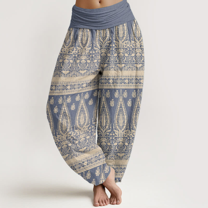 Pantaloni harem da donna in puro cotone con elastico in vita, motivo a strisce di piume, stile casual, motivo Buddha Stones