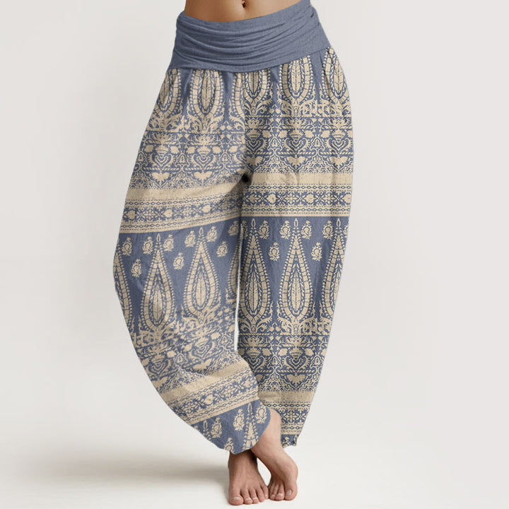 Pantaloni harem da donna in puro cotone con elastico in vita, motivo a strisce di piume, stile casual, motivo Buddha Stones