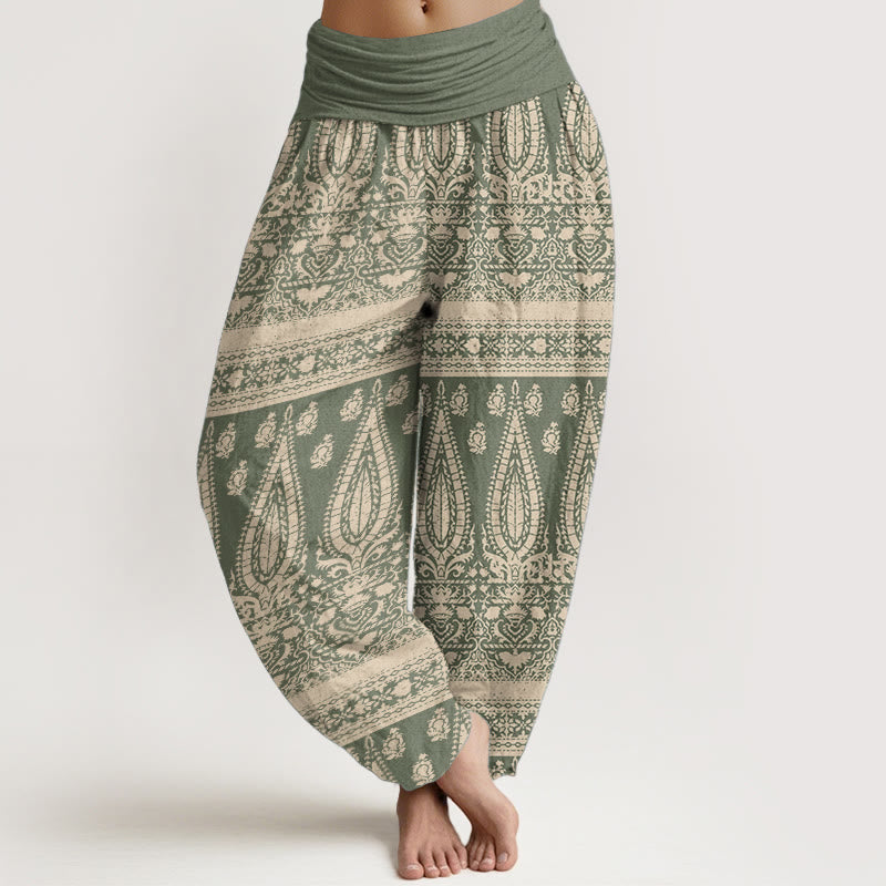 Pantaloni harem da donna in puro cotone con elastico in vita, motivo a strisce di piume, stile casual, motivo Buddha Stones