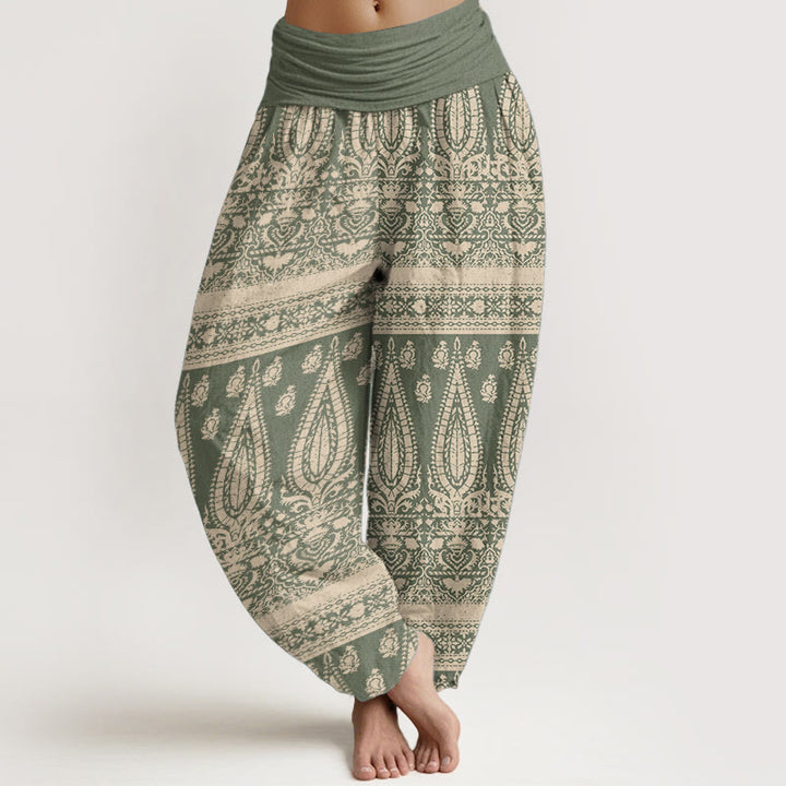 Pantaloni harem da donna in puro cotone con elastico in vita, motivo a strisce di piume, stile casual, motivo Buddha Stones