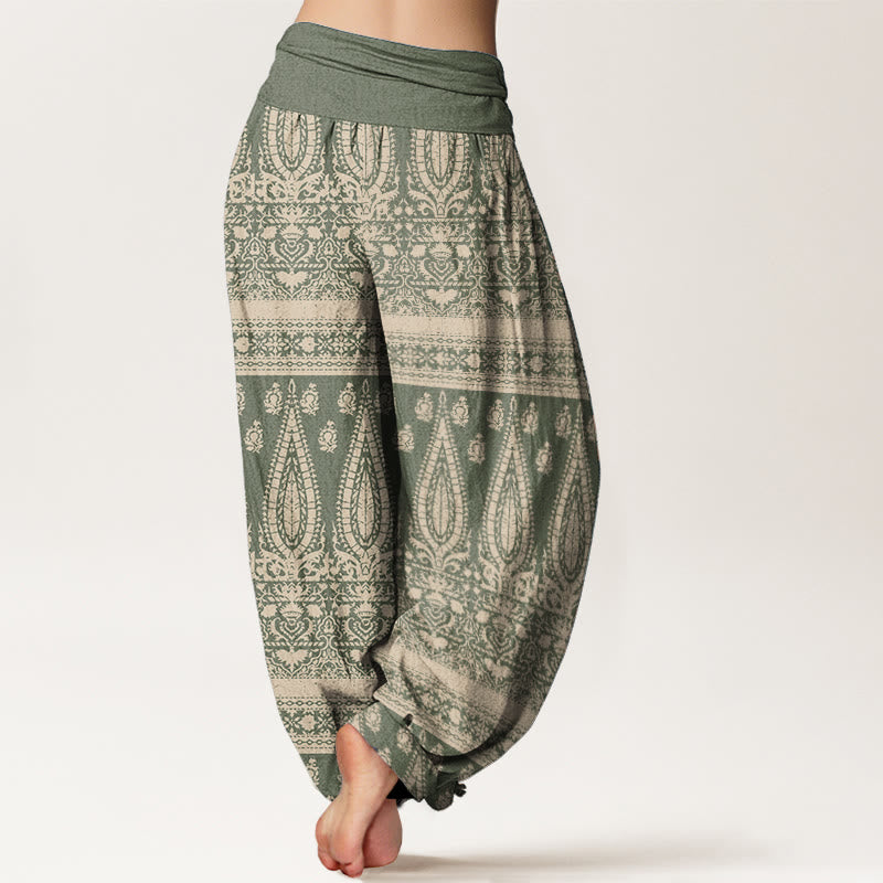 Pantaloni harem da donna in puro cotone con elastico in vita, motivo a strisce di piume, stile casual, motivo Buddha Stones
