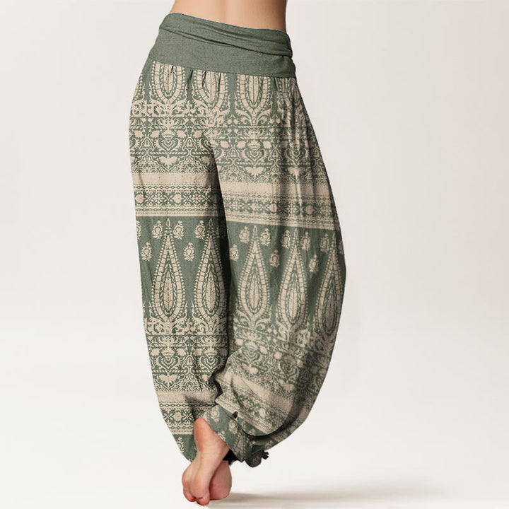 Pantaloni harem da donna in puro cotone con elastico in vita, motivo a strisce di piume, stile casual, motivo Buddha Stones