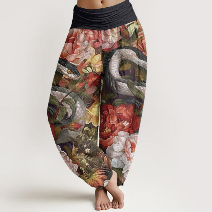 Pantaloni harem da donna con elastico in vita, in puro cotone, con motivo a foglie e fiori di peonia e serpente, motivo Buddha Stones